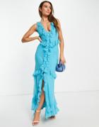 Asos Design Bias Cut Ruffle Maxi Dress In Embroidered Self Spot And Button Front Detail-blues