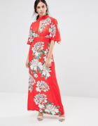 Liquorish High Neck Maxi Dress In Floral Print - Red