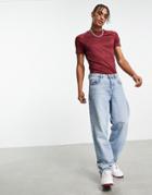 Asos Design Muscle Fit T-shirt In Rib With Raglan In Burgundy-red