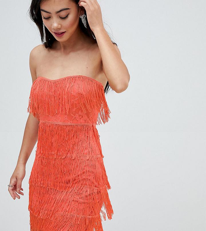 Asos Design Petite Lace Insert Fringe Bandeau Mini Dress-pink