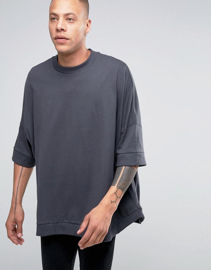 Asos Extreme Oversized Slouchy T-shirt With Curved Hem In Ebony - Gray