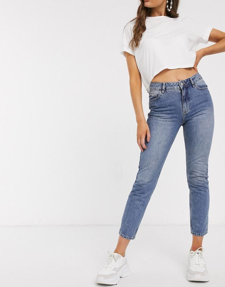 Na-kd High Waist 5 Pocket Straight Leg Jeans In Mid Blue Wash