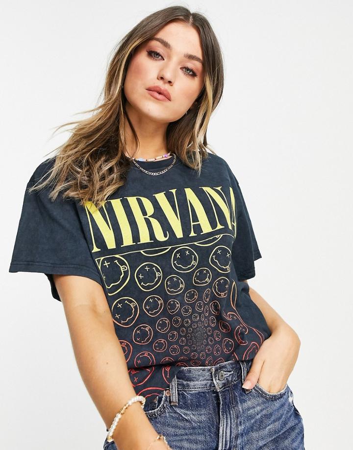 Daisy Street Relaxed T-shirt With Nirvana Print In Vintage Wash-black