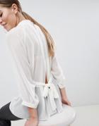 Asos Design Sheer Belted Blouse With Open Back In Ivory - White