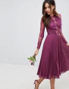 Asos Wedding Midi Dress With Lace Sleeves And Eyelash Lace - Purple