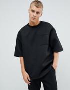 Asos Design Oversized T-shirt With Half Sleeve In Scuba Fabric With Pocket In Black - Black