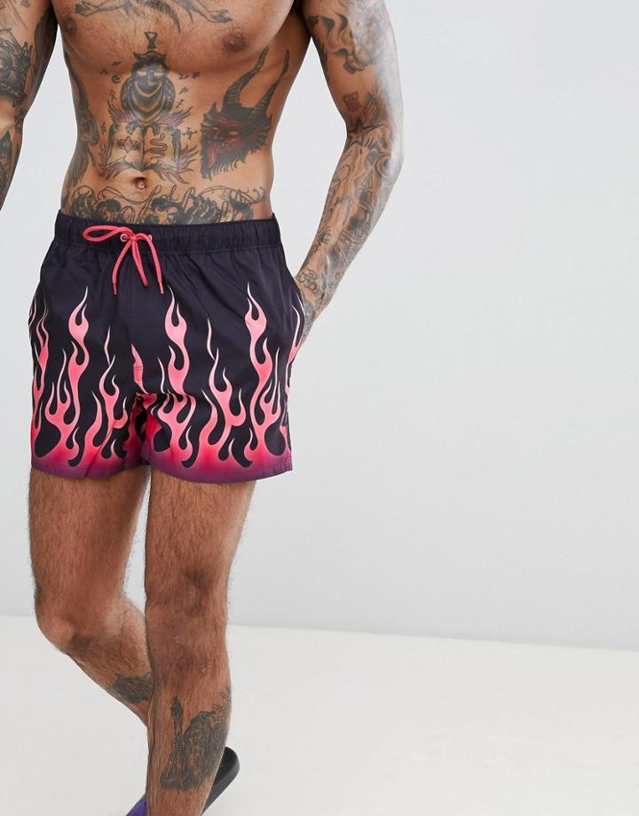 Asos Design Swim Short In Black With Pink Flames In Short Length - Black
