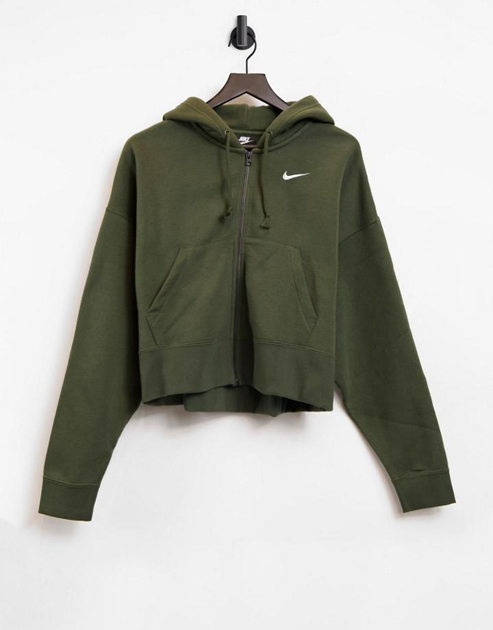 Nike Mini Swoosh Oversized Cropped Zip Through Hoodie In Khaki-green