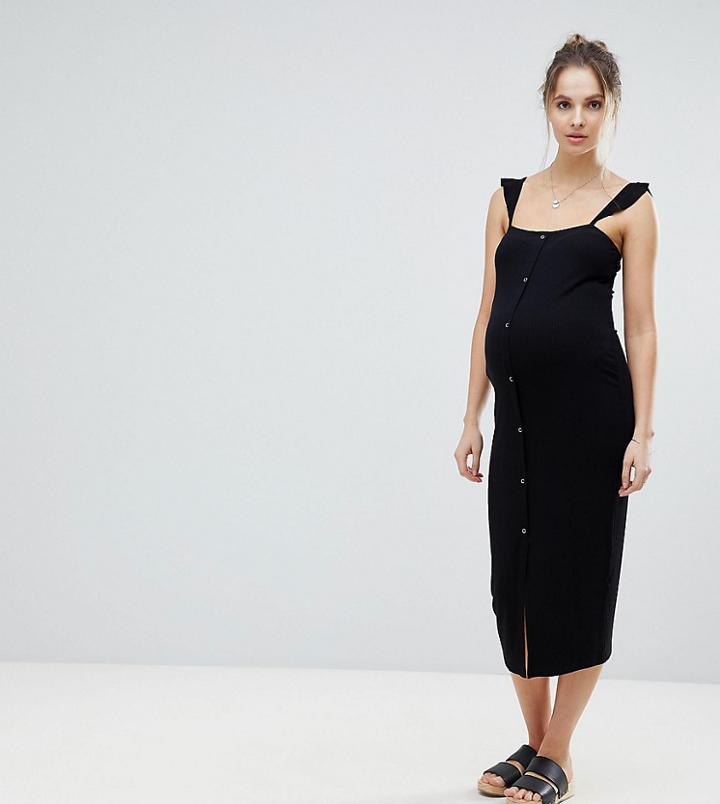 Asos Maternity Midi Tank Dress With Frill Straps And Popper Placket - Black