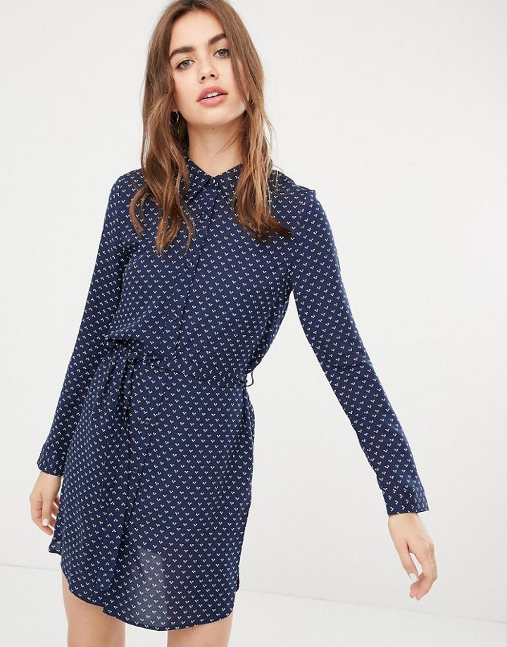 Unique 21 Heart Print Shirt Dress With Belt-navy
