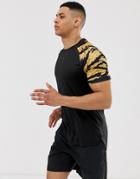 Asos 4505 Running T-shirt With Camo Contrast Raglan And Stepped Hem-black