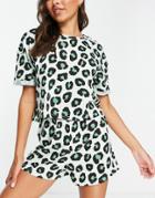 Lindex Exclusive Jenna Organic Cotton Leopard Print T-shirt And Short Set In Mint-green