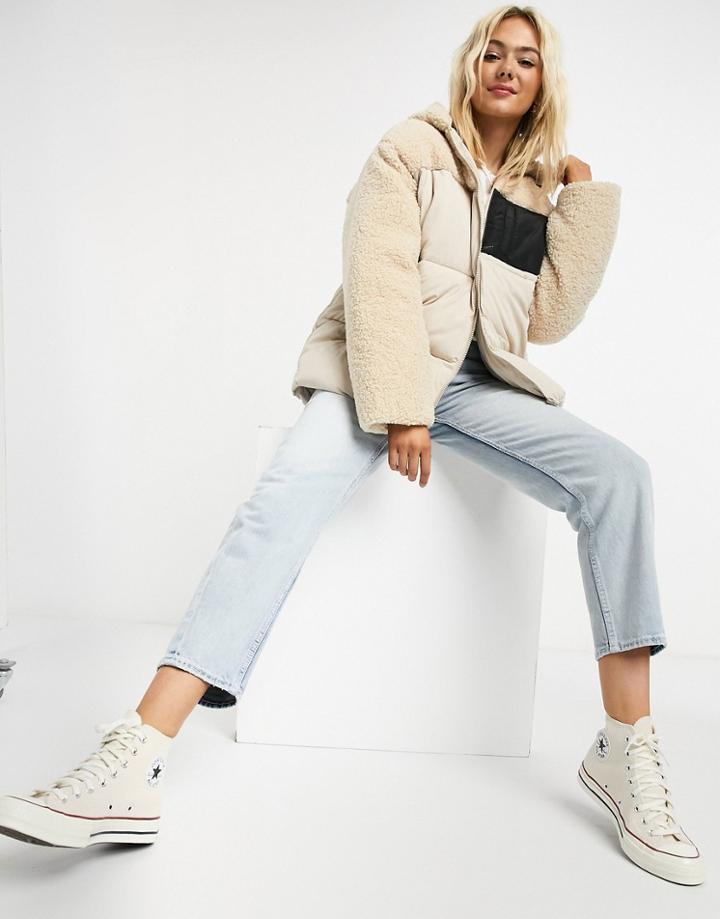 Asos Design Fleece Patched Puffer Jacket In Cream-white