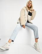 Asos Design Fleece Patched Puffer Jacket In Cream-white