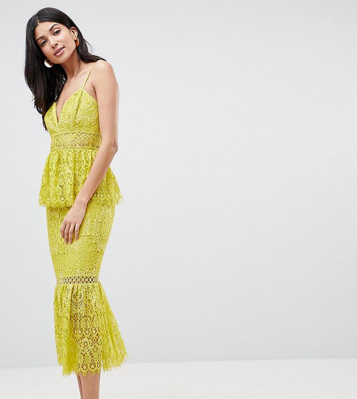 Asos Design Tall Peplum Hem Lace Pencil Dress With Delicate Trim - Yellow