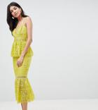 Asos Design Tall Peplum Hem Lace Pencil Dress With Delicate Trim - Yellow