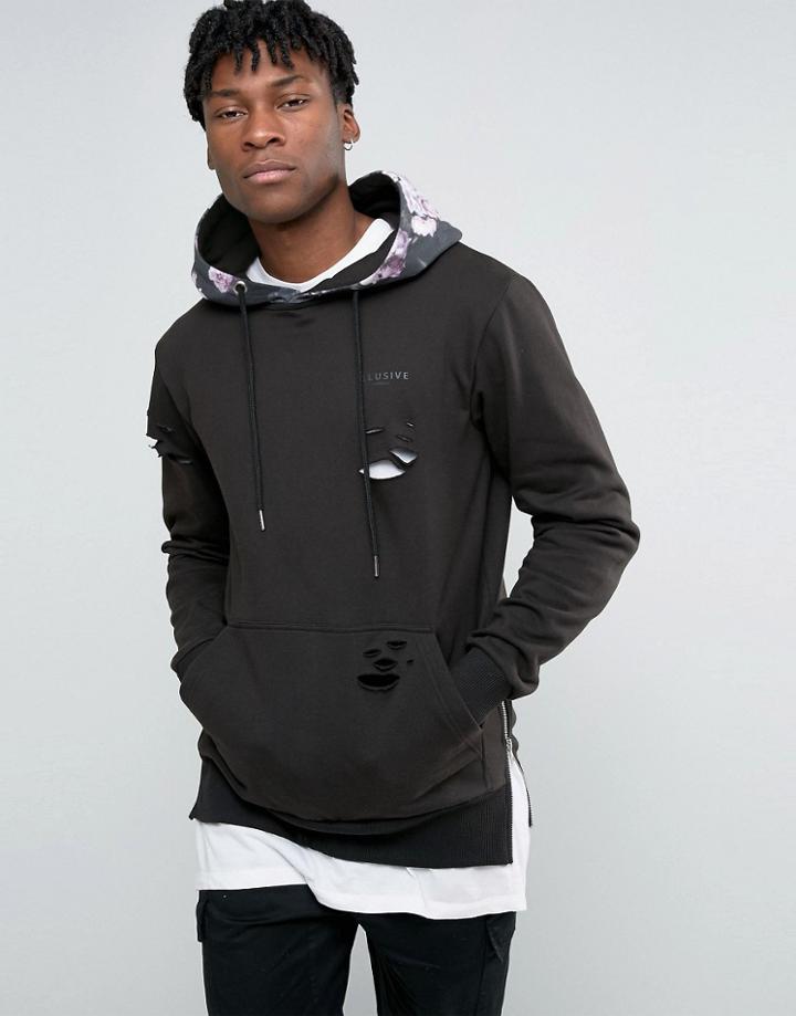 Illusive London Hoodie With Distressing And Side Zips - Black