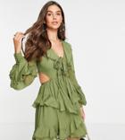 Asos Design Tall Chiffon Mini Dress With Ruffle Detail In Khaki-green