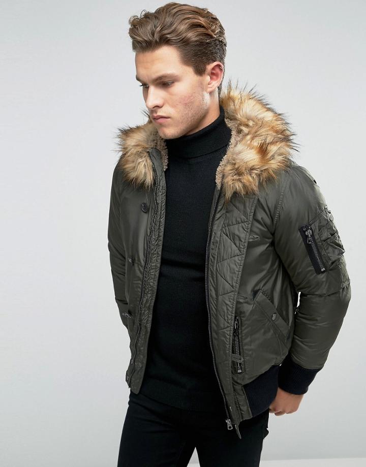 Diesel W-esk Short Parka Jacket Faux Fur Trim - Green
