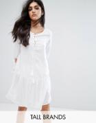 Noisy May Tall Lace Up Skater Dress With Fluted Sleeve Detail - White