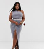 Club L London Plus One Shoulder Embellsihed Belted Bridesmaid Maxi Dress-gray
