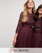 Maya Tall Bell Sleeve Midi Dress In Tonal Delicate Sequin With Tulle Skirt And Kimono Sleeve - Red