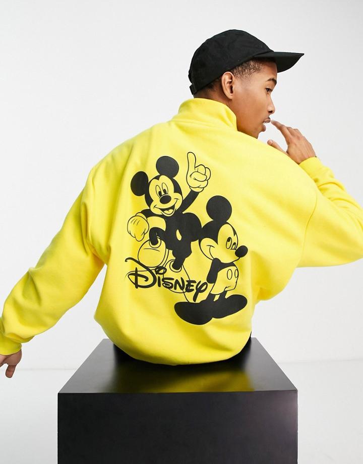 Asos Design Mickey Mouse Half Zip Fleece Sweatshirt In Yellow