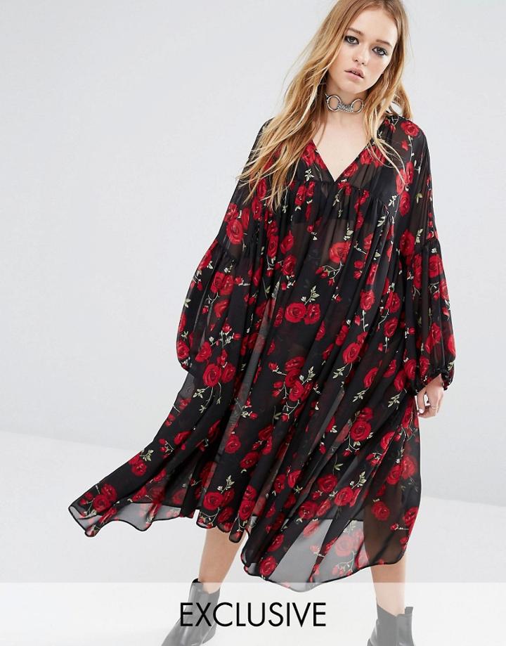 Reclaimed Vintage Maxi Sheer Smock Dress In Rose Print - Black