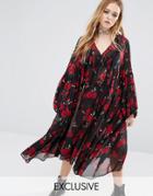 Reclaimed Vintage Maxi Sheer Smock Dress In Rose Print - Black