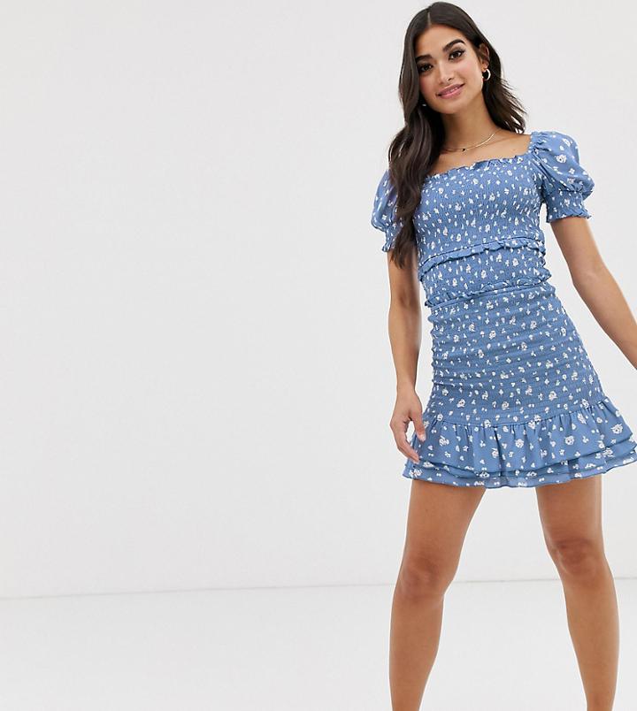 River Island Petite Shirred A-line Mini Skirt In Blue Floral - Blue