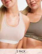 French Connection Fcuk 2 Pack Crop Tops With Logo Tape In Shadow Pink And Walnut-multi