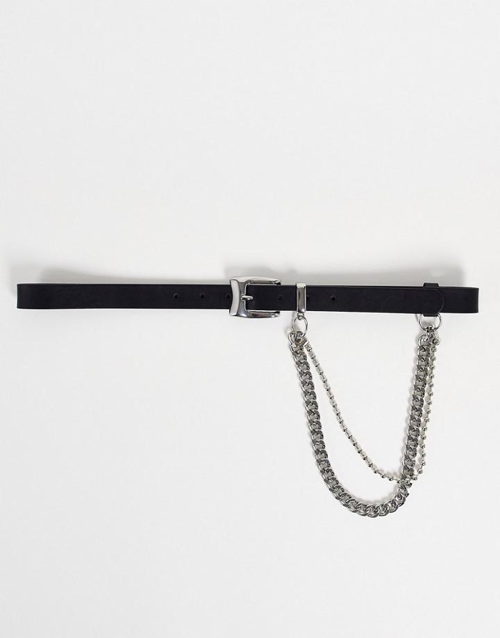 Asos Design Slim Belt In Black Faux Leather With Silver Chain