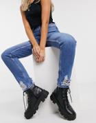 Topshop Double Knee Rip Mom Jeans In Mid Blue-blues