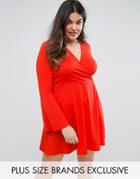 Club L Plus Wrap Front Skater Dress With Fluted Sleeve - Red