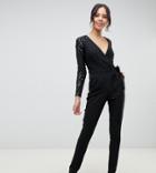 Little Mistress Tall Sequin Sleeves Wrap Front Jumpsuit - Black
