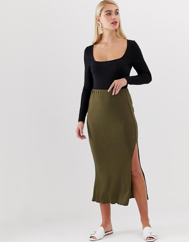 Vero Moda Green Rib Maxi Skirt With Lettuce Hem - Green