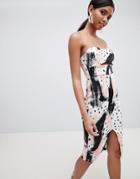 Asos Design Abstract Zip Detail Bandeau Pencil Dress - Multi