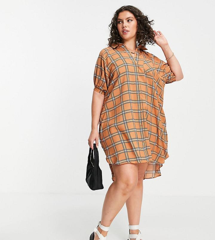 Lola May Plus Puff Sleeve Mini Dress In Orange Check