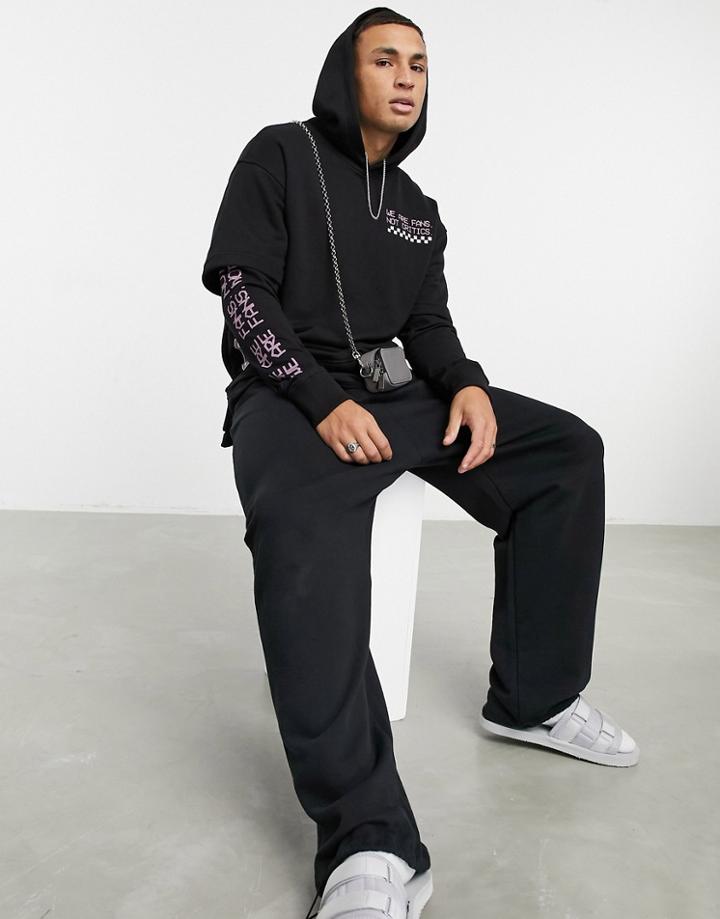 Bershka Double Sleeve Printed Hoodie In Black