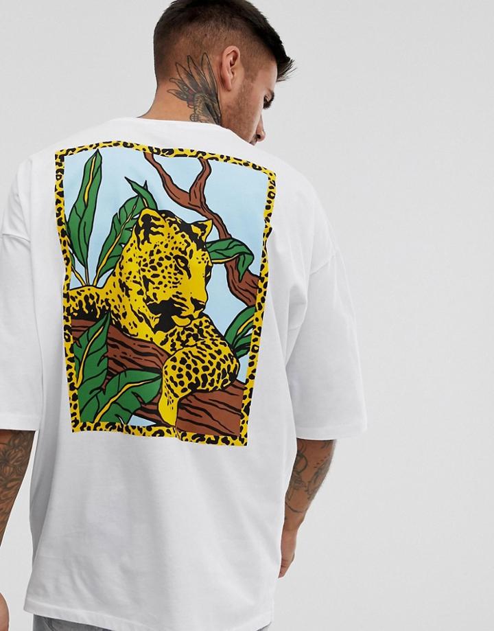 Asos Design Oversized T-shirt With Back Leopard Print-white