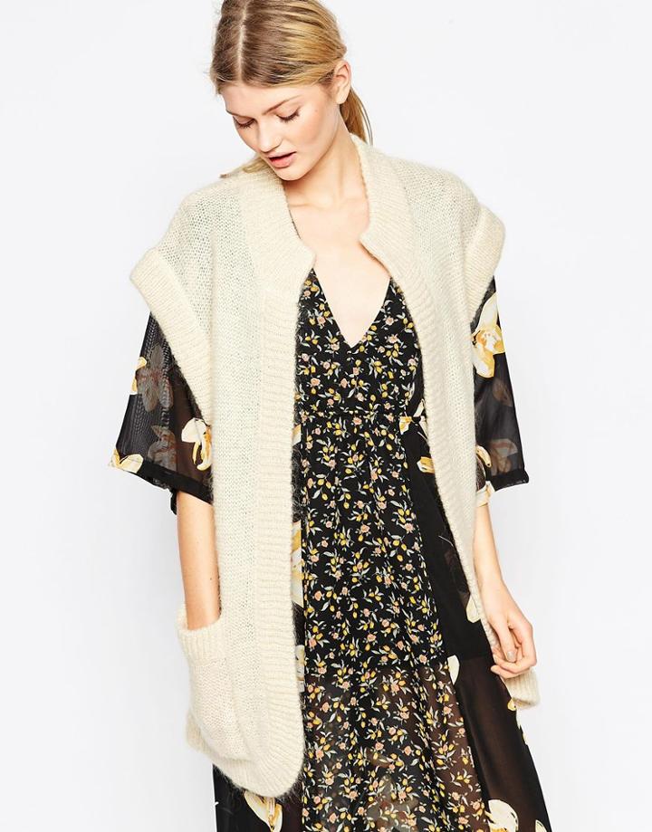 Ganni Longline Knit Cardigan With Oversize Pockets - White Smoke