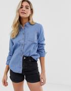 Asos Design Denim Shirt In Cali Light Wash-blue