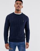Farah Ludwig Cotton Cable Crew Neck Sweater In Navy