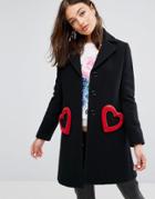 Love Moschino Heart Pocket Wool Mix Tailored Coat - Black
