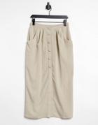 Asos Design Midi Pencil Skirt With Button And Pocket Detail In Stone-neutral