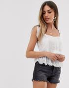 Asos Design Square Neck Top With Ruffle Broderie - Cream