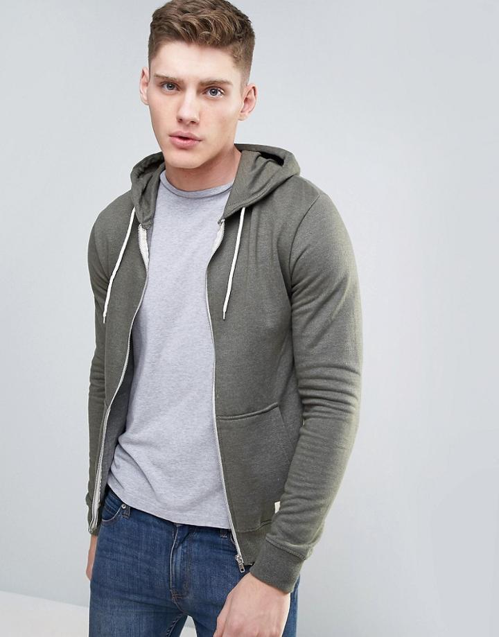 Blend Zip Hoodie In Khaki - Green