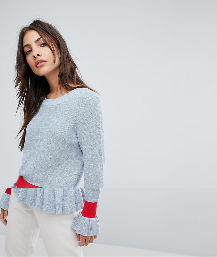 Selected Sweater With Ruffle Hem And Cuff - Blue