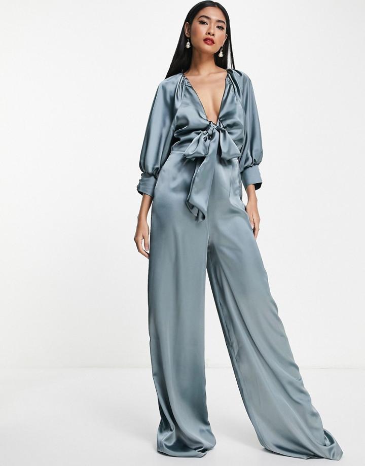 Asos Design Satin Tie Front Wide Leg Jumpsuit In Teal Gray-blue