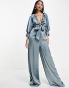 Asos Design Satin Tie Front Wide Leg Jumpsuit In Teal Gray-blue